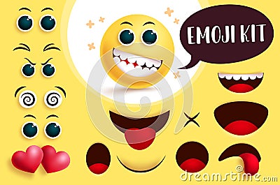 Emoji smiley vector create kit. Yellow smiley face emoji and emoticon with editable eyes and mouth to create. Vector Illustration