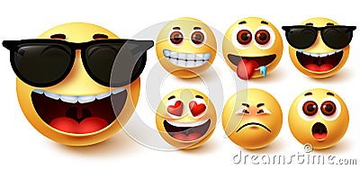 Emoji smiley vector set. Cute yellow smileys face with different feelings and facial expressions Vector Illustration