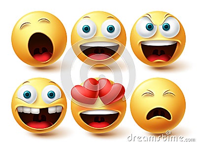 Emoji smileys happy vector set. Smileys emoticon happy, in love and sleepy face collection Vector Illustration