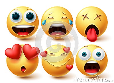 Emoji smileys in love face vector set. Smileys emoticon happy, in love and amaze facial expressions Vector Illustration