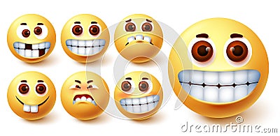 Emoji smileys vector set. Emojis smiley yellow avatar face with funny, crazy, happy Vector Illustration
