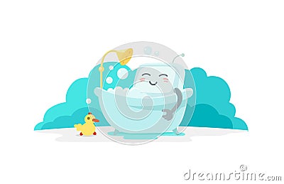 Emoji sticker robot is taking bathin in the bathroom. Very cute picture rest, exfoliation foam shampoo. Break for rest Vector Illustration