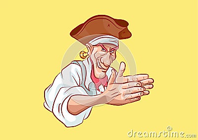 Emoji sticker seaman captain cunning rubbing hands Vector Illustration
