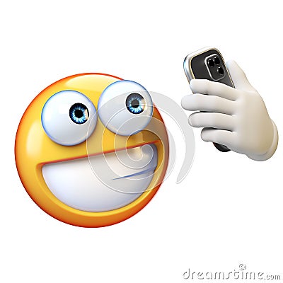 Emoji taking selfie, Emoticon holding mobile phone on white background, 3d rendering Cartoon Illustration