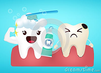 Emoji teeth vector design. Dental emojis in white, clean and brushing with yellow cavity tooth decay for oral health care hygiene. Vector Illustration