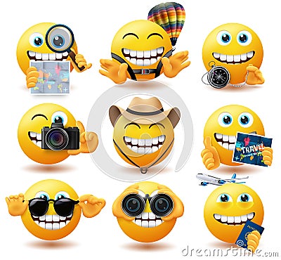 Emoji travel smiley vector set. Emoticon travelling characters with map, compass and hat explore and adventure elements. Vector Illustration