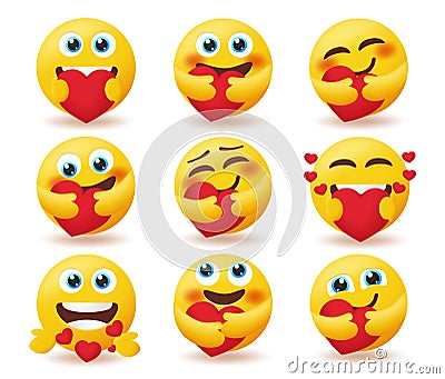 Emoji valentines emoticon vector set. Emoticons in love smiley characters in care and love pose isolated in white background. Vector Illustration