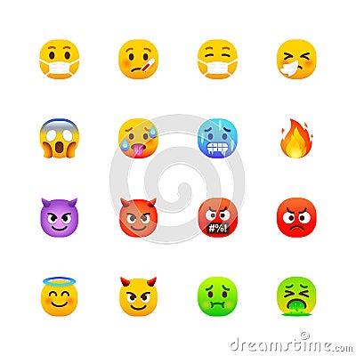 Rounded Emoji Icons Set of angry, virus, cold, hot, fire Vector Illustration