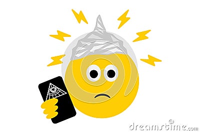 Emoji wearing tin foil hat, carrying phone with all seeing eye icon, conspiracy theory Cartoon Illustration