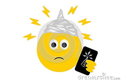 Emoji wearing tin foil hat, carrying phone with radio tower icon, conspiracy theory Cartoon Illustration