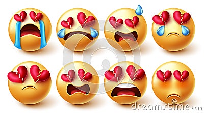 Emojis broken hearted vector set. Smiley characters in sad, crying and broken hearts yellow faces reaction and expressions. Vector Illustration