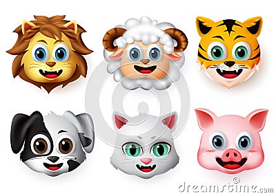 Emojis and emoticons animal happy face vector set. Animal emoji face of lion, lamb, tiger, dog, cat and pig character. Vector Illustration