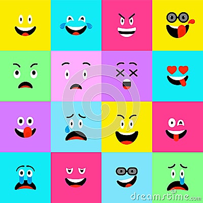 Emojis icons Set vector. Emoticons square icon. Mood Faces. Smiles frame. For mobile app, message. Expressive cartoon Vector Illustration