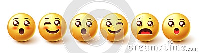 Emojis smiley character vector set. Emoji 3d emoticons happy, blushing and surprised in yellow faces collection isolated In white. Vector Illustration