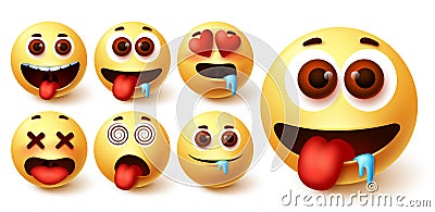 Emojis smiley emoticon vector set. Emoji avatar character face in hungry, silly Vector Illustration