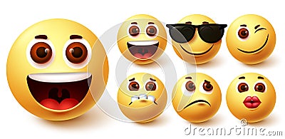 Emojis smiley vector set. Emoji smileys cute yellow face in different facial expressions Vector Illustration