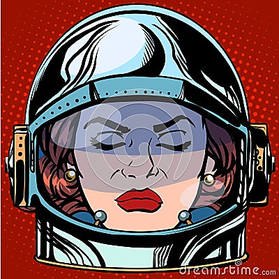 Emoticon anger Emoji face woman astronaut retro Vector Illustration