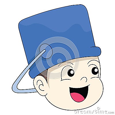 Emoticon baby boy head is doing something funny wearing a bucket as a hat Vector Illustration