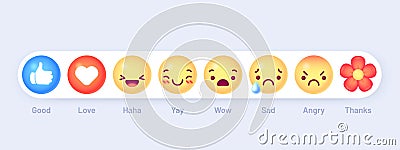 Emoticon emoji reactions. Social chat message mood buttons. Thumb up, love heart and haha, yay. Wow, sad and angry Vector Illustration