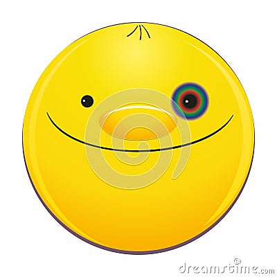 Emoticon face with a black eye is smiling happily. Vector Illustration