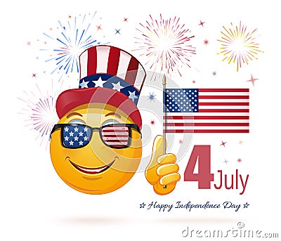 Emoticon face in Uncle Sams hat and the US flag Vector Illustration