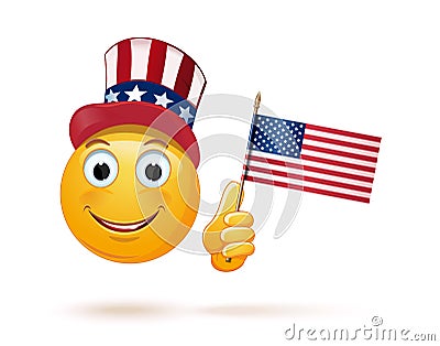Emoticon face in Uncle Sams hat and the US flag Vector Illustration