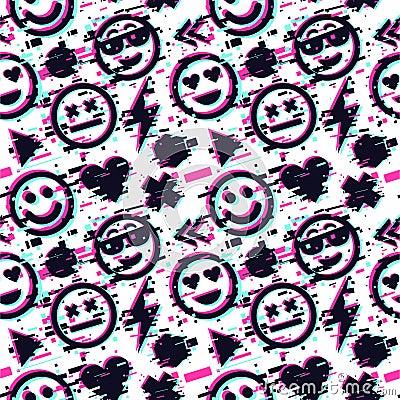 Emoticon seamless pattern. Smile face icon background. Glitch style. Vector texture. Vector Illustration
