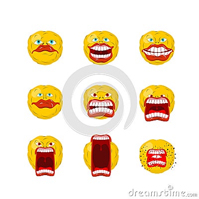 Emoticon set. Open mouth and teeth. Crazy Emoji. Emotion screams Vector Illustration