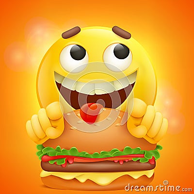 Emoticon smiley yellow cartoon emoji face with burger Cartoon Illustration