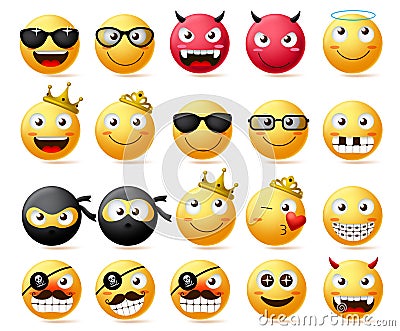 Emoticon vector set. Smiley face and yellow emoji of king and queen wearing crown, ninja and bearded pirate Vector Illustration