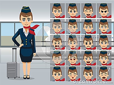 Air Hostess Cartoon Emotions Airport Walkway Vector Illustration-01 Vector Illustration