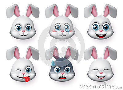 Emoticons and emoji rabbit face vector set. Rabbits bunny faces animal emojis in naughty, crying, excited, smiling and happy. Vector Illustration