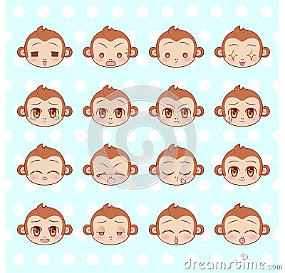 Emoticons, emoji, smiley set, colorful Sweet Little cute kawaii anime cartoon monkey different emotions mascot sticker Happy, sad, Cartoon Illustration