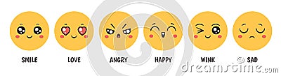 Emoticons emotions. Cartoon emoji faces with happy smile, love, sad, angry and wink for social media, chat or customer Vector Illustration