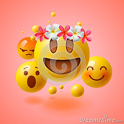 Emoticons with flower on head, summer concept, emoji with wreath flowers on head Vector Illustration