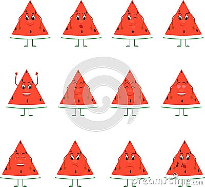 Emoticons fruit vector set. Emoji cute Watermelon with face. Vector Illustration