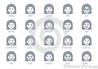 Emoticons line icons. Vector illustration include icon - mental health, worry, laugh, disappointed, confused, outline Vector Illustration