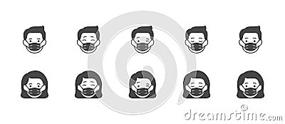 Emoticons in mask flat icons. Vector illustration include icon - face cover, covid, man, lady, woman, protective Vector Illustration