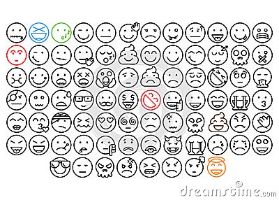 Emoticons outline. Emoji faces emoticon funny smile line black icons expression smiley facial people humor mood, flat vector Vector Illustration