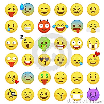 Emoticons set. Emoji faces emoticon smile funny digital smiley expression emotion feelings chat messenger cartoon emotes Vector Illustration