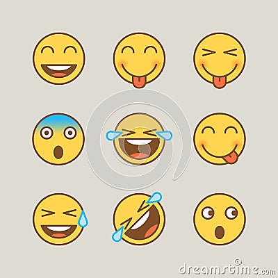 Emoticons smile shows tongue scared tears joy. Funny stickers Vector Illustration