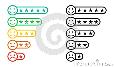 Emoticons. Star rating. Emoji with star rating. Feedback emoticon. Rating scale with smiles representing various emotions. Smiley Vector Illustration