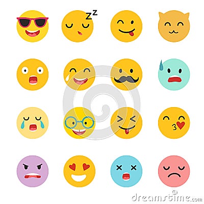 Emoticons vector set. Emoji icons, yellow circle illustration. Vector Illustration