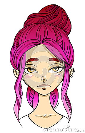 Pink-haired girl face, indifference facial expression, poker face Vector Illustration