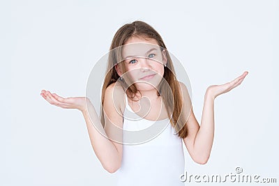 Emotion confused clueless child lift hands dismay Stock Photo