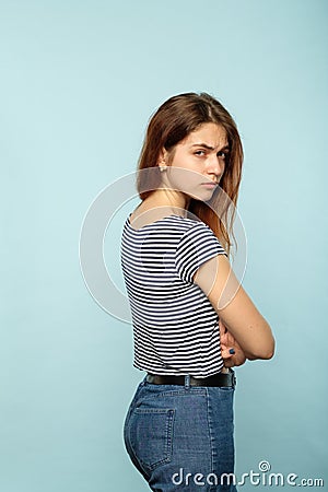 Emotion face grumpy offended pursed lips woman Stock Photo