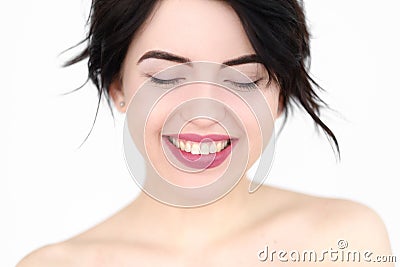 Emotion face happy smiling joyful delighted woman Stock Photo