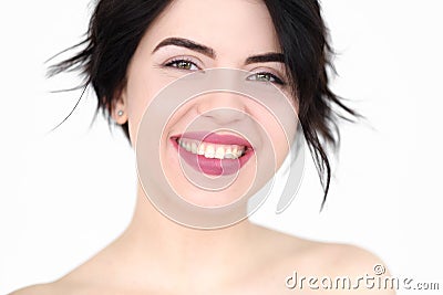 Emotion face happy smiling joyful delighted woman Stock Photo