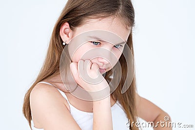 Emotion pensive thoughtful serious hand chin girl Stock Photo