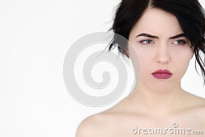 Emotion face serious focused thoughtful woman Stock Photo